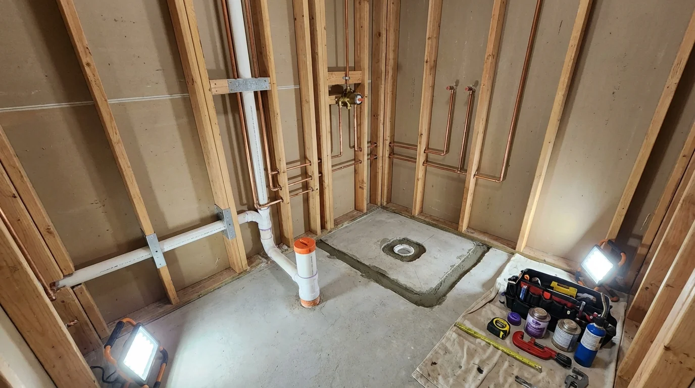 Bathroom rough-in plumbing during remodel by Johns Plumbing LLC in North Berwick