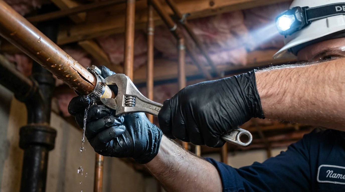 Emergency pipe clamp repair being performed by a Johns Plumbing LLC plumber in North Berwick
