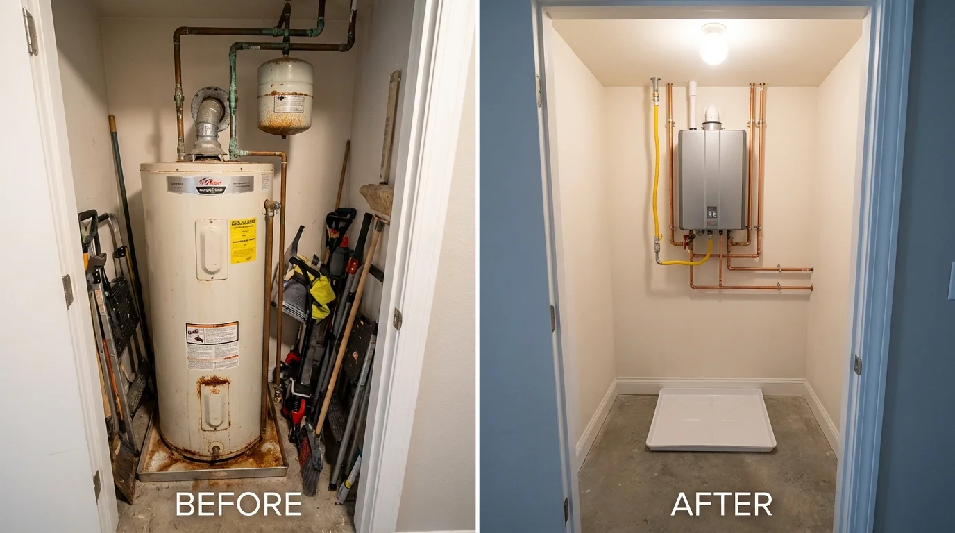 Tank water heater versus wall-mounted tankless unit comparison for North Berwick, ME homeowners