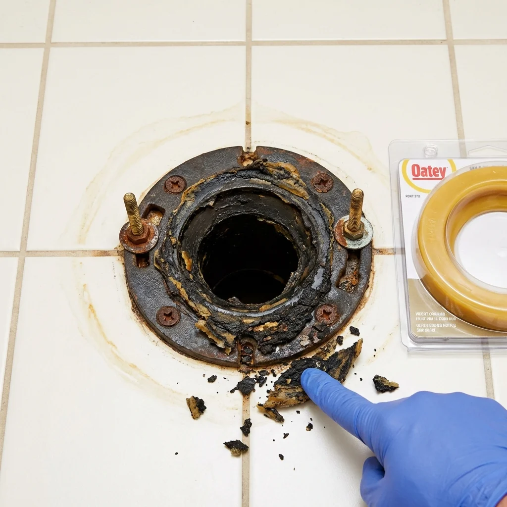 Failed wax ring showing water seepage at the base of a toilet in a North Berwick, ME home