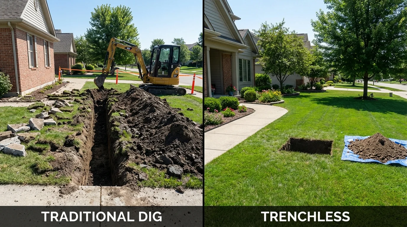 Trenchless sewer repair with minimal yard damage versus traditional excavation in North Berwick, ME