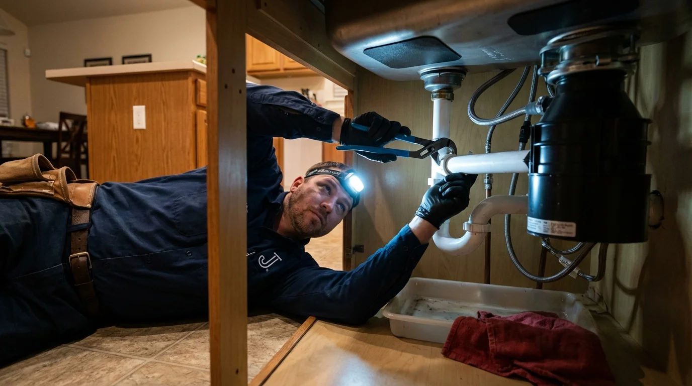 P-trap and supply line connections under a kitchen sink showing a common leak point in North Berwick, ME
